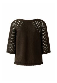 Haut tricoté marron foncé avec devant et dos unis, manches au crochet ajourées et coutures raglan, manches trois-quarts.