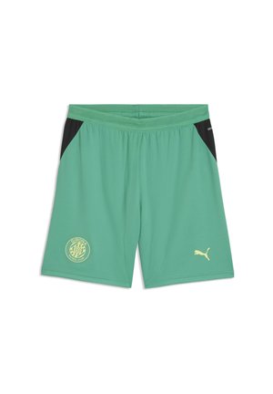 Grønne sportsshorts med sorte sidepaneler, Girona Futbol Club-logo på venstre ben og gult Puma-logo på højre ben.