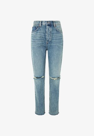 Gai zili džinsi ar augsto jostu, taisnu kāju piegriezumu un diviem nolietotiem ceļiem. Iekļauj piecas kabatas un nedaudz sapleisušu apakšmalu.