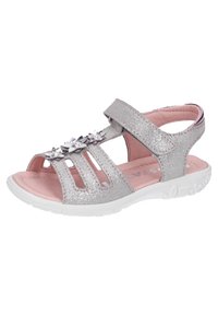 Silverglittrande sandaler med flera utskärningar, blommiga detaljer och kardborreband. Mjuk rosa innerfoder och vit gummisula.