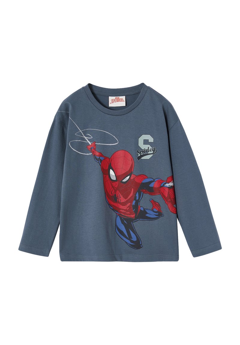 Blue long-sleeve shirt with a large graphic of Spider-Man shooting web and the text "Spidey" with a letter S on the front.