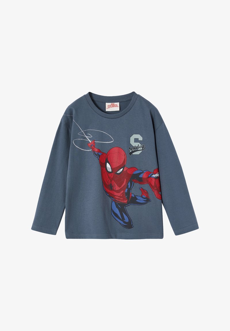Blue long-sleeve shirt with a large graphic of Spider-Man shooting web and the text "Spidey" with a letter S on the front.
