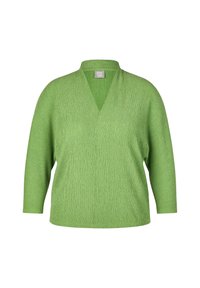 Grüne, strukturierte Bluse mit langen Ärmeln und V-Ausschnitt, lockerer Schnitt, mit einem kleinen Markenlabel im Kragen.