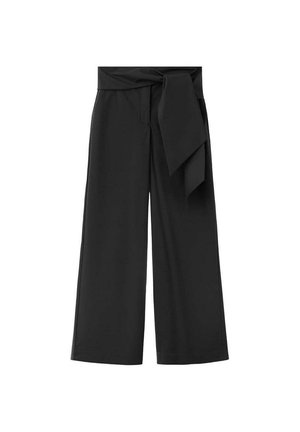 Pantaloni neri a gamba larga da donna con vita alta e cintura in stoffa attaccata annodata davanti.