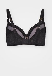 Black bra with sheer mesh and lace accents. Features scalloped edges, adjustable straps, and a hook-and-eye closure at the back.