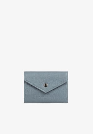 Small textured light blue wallet with envelope-style flap and silver snap button closure on white background.