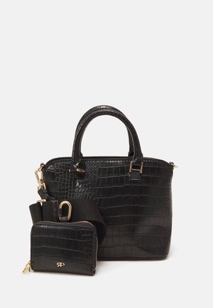 Black croc-embossed handbag with double handles, gold hardware, and matching zippered wallet attached to a detachable black strap.