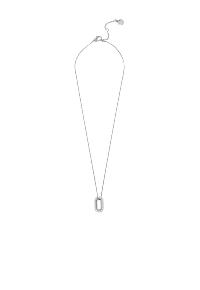 Silver chain necklace with an oval pendant featuring small, evenly spaced round pearls and an adjustable clasp with a small round tag.