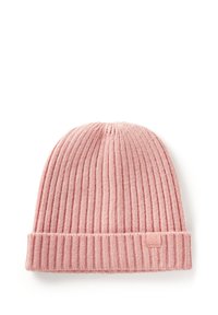 Gorro de punto rosa con textura acanalada, cuenta con un puño doblado y un pequeño parche de marca en el lateral. Diseño simple y ajustado.