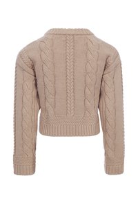 Kabelgebreid cropped sweater in lichtbeige, met geribde boorden en onderste rand, een gestructureerd patroon en een ronde halslijn.
