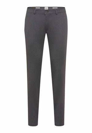Grijze, slim-fit broek met een textuurpatroon, knoopsluiting en riemlussen; gemaakt van een rekbaar materiaal voor comfort en bewegingsvrijheid.