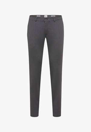 Pantaloni grigi slim-fit con un motivo testurizzato, chiusura con bottone e passanti per cintura; realizzati in un materiale elastico per comfort e libertà di movimento.