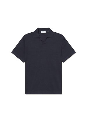 Navy blue short-sleeve polo shirt with a classic collar and a relaxed fit. Made of smooth fabric, featuring subtle stitching details.