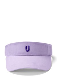 Violetti kangasvisori hihnalla, jota voi säätää. Siinä on tummemmasta violetista brodeerattu logo. Sileä pinta ja kaareva lippa.