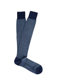 Calze al ginocchio di colore blu navy con un design a maglia testurizzata, risvolto di colore solido più scuro e punta rinforzata, contrassegnate con "PEROFIL."