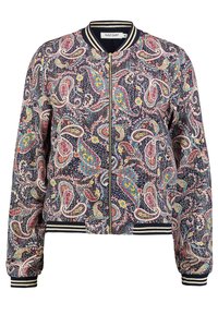Farverig bomberjakke med paisley-mønster, lynlåslukning, ribbede manchetter og kant. Mørk navy baggrund med pink, blå og gyldne accenter.