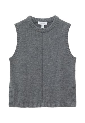 Szary kamizelka bez rękawów z dzianiny wełnianej, z prążkowanym okrągłym dekoltem, wycięciami na ramiona i brzegiem, z środkowym szwem z przodu.
