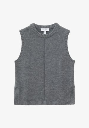 Szary kamizelka bez rękawów z dzianiny wełnianej, z prążkowanym okrągłym dekoltem, wycięciami na ramiona i brzegiem, z środkowym szwem z przodu.