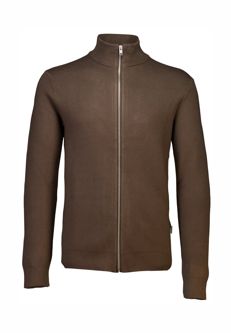 Brun zip-up tröja med mjuk krage, tillverkad av ett slätt stickat tyg, figursydd passform och ribbad muddar och nederkant. Har en metalldragkedja.