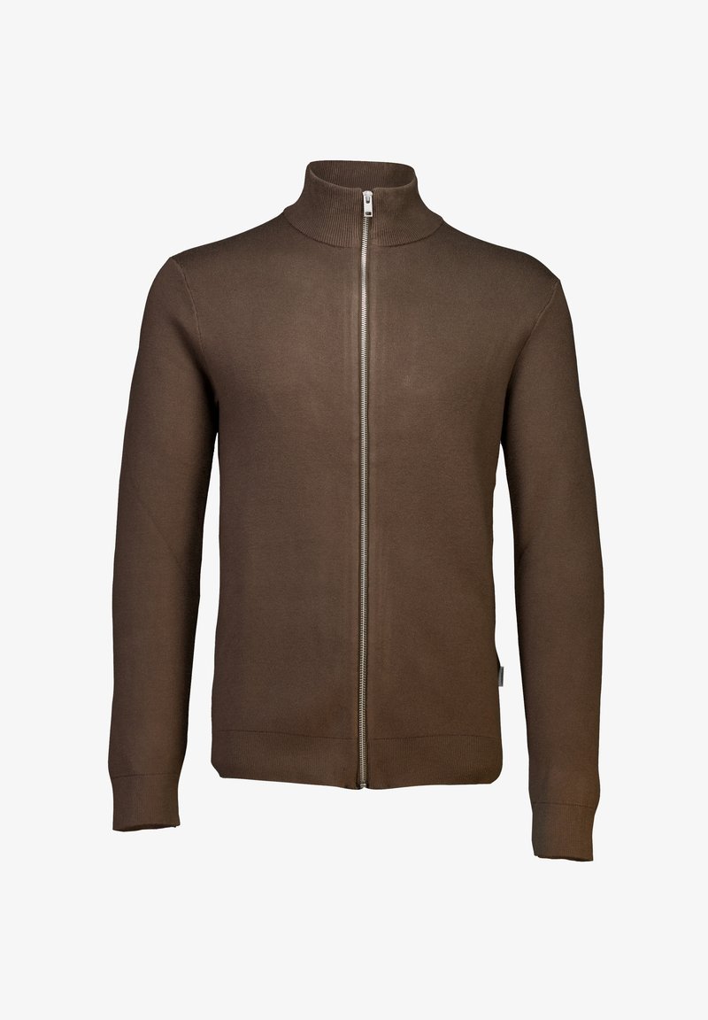 Brauner Reißverschluss-Pullover mit Stehkragen, aus einem glatten Strickstoff, taillierter Schnitt und mit gerippten Bündchen und Saum. Verfügt über einen Metallreißverschluss.