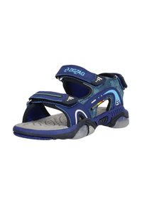 Blauwe sportieve sandalen met verstelbare klittenbandsluitingen, textuur synthetisch bovenwerk, gevoerde grijze binnenzool en een lichte rubberen outsole.