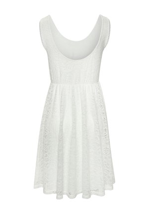 White lace dress with a scoop neckline and sleeveless design. Flared skirt extends to mid-thigh, featuring intricate lace texture.