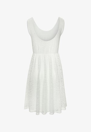 White lace dress with a scoop neckline and sleeveless design. Flared skirt extends to mid-thigh, featuring intricate lace texture.