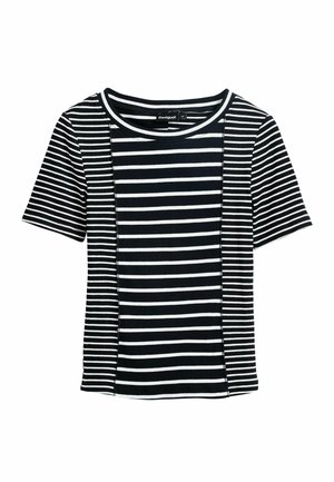 Juostuota trumpa rankovė T-shirt, su horizontaliomis juodomis ir baltomis juostelėmis, apvaliu kaklu ir tekstūruota medžiaga.