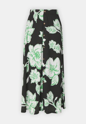 Fustă neagră cu un imprimeu floral mare în alb și verde, cu închidere prin butoane în față și un design fluid. Țesătura pare ușoară, cu o finisare texturată.
