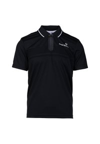 Polo shirt nero realizzato in tessuto traspirante, con colletto zip, maniche corte e strisce bianche lungo il colletto e le cuciture.