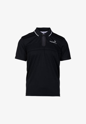 Polo shirt nero realizzato in tessuto traspirante, con colletto zip, maniche corte e strisce bianche lungo il colletto e le cuciture.
