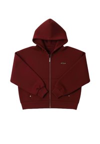 Sudadera con capucha y cremallera color burdeos, con capucha, mangas largas, puños acanalados y bolsillo canguro. Tejido suave con textura lisa. Logotipo en el pecho.