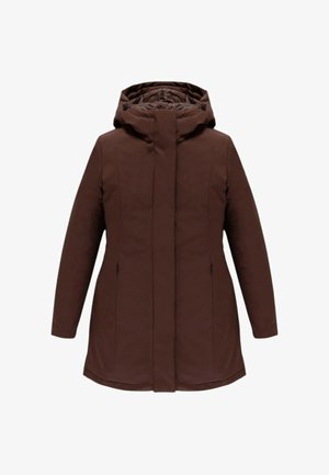 Manteau isolant marron avec un col montant, une capuche amovible et deux poches latérales zippées ; tissu lisse avec des détails de couture minimalistes.