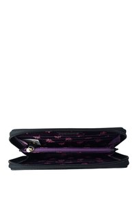 Zwarte portemonnee met rits open, met paarse bloemenprint aan de binnenkant, meerdere kaartsleuven, centraal ritsvak voor munten en een RFID-blokkeringslabel.