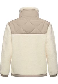 Fleecejack met een crèmekleurige body en een beige gewatteerde schouderpartij. Voorzien van een hoge kraag en elastische manchetten voor een comfortabele pasvorm.