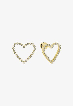Gouden hartvormige oorbellen versierd met heldere rhinestones langs de randen, met open centra en een gladde, gepolijste afwerking.