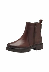 Braune Leder-Stiefeletten mit einem eleganten Design, seitlichen Reißverschlüssen, strukturierten Akzenten und einer kontrastierenden, dicken Gummisohle.