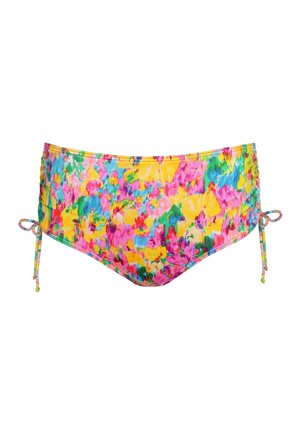 Il bikini inferiore multicolore presenta un design con lacci laterali, con tonalità vivaci di rosa, giallo e blu in un motivo floreale. Tessuto morbido al tatto.