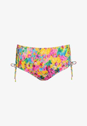 Multikleur bikini onderkant met een strikzijde ontwerp in levendige tinten roze, geel en blauw in een bloemenpatroon. Zachte stoftextuur.