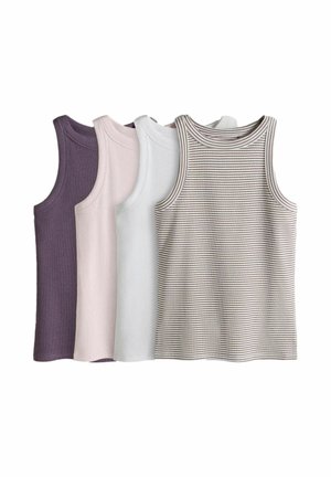Vier ärmellose, gerippte Tanktops in Lila, Blassrosa, Hellgrau und Beige mit braunen Streifen, flach ausgelegt und überlappend.