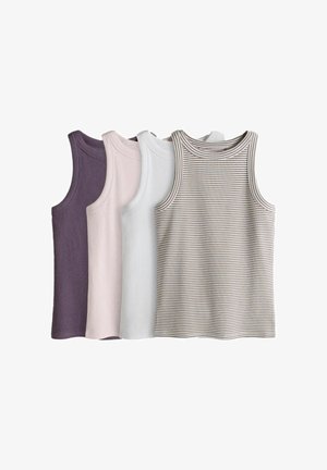 Four sleeveless ribbed tank tops in purple, pale pink, light gray, and beige with brown stripes laid flat and overlapping.