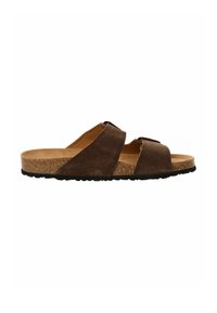 Bruna mocka slidesandal med två korsade remmar, en korksula och en strukturerad svart gummisula. Enkel design utan utsmyckningar.