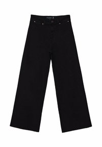 Zwarte wijde broek met hoge taille, knoopsluiting en koperen hardware-details, gemaakt van een gladde, duurzame stof.