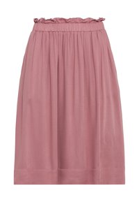 Růžová áčková sukně se staženým elastickým pasem, vyrobená z hladké tkaniny, s jemnými plisovanými detaily a lemovaným spodním okrajem pro strukturu.
