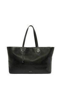 Bolso tote de cuero negro con dos asas cortas, textura suave, acentos circulares y un sutil logo de la marca posicionado en la parte inferior.