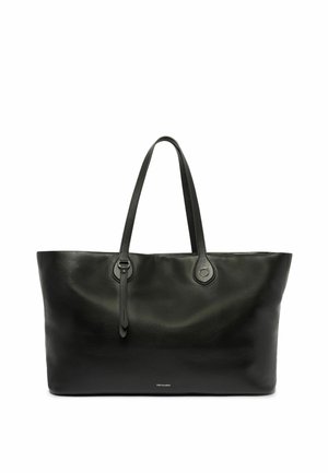 Sac fourre-tout en cuir noir avec deux poignées courtes, texture lisse, accents circulaires et un logo de marque subtil positionné en bas.