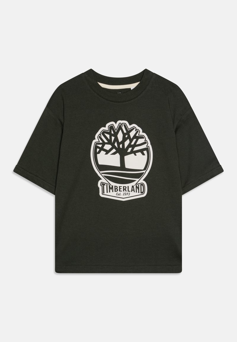 Black cotton T-shirt with short sleeves, featuring a large white Timberland tree logo centered on the chest, circular design.