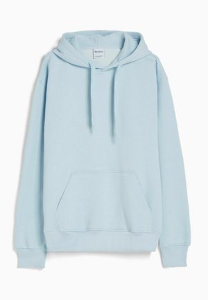 Hellblauer Kapuzenpullover mit langen Ärmeln, vorderer Kängurutasche und Kordelzug an der Kapuze, auf weißem Hintergrund dargestellt.