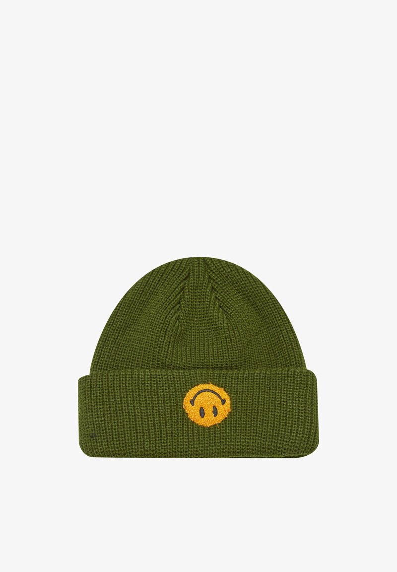 Knit beanie in olive green with a folded cuff, featuring an embroidered yellow smiley face design on the front. Textured fabric.