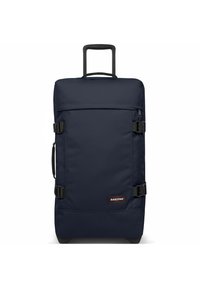 Mörkblå rullväska i duffelstil med rektangulär form, tillverkad av slitstark tyg, med sidohandtag och två justerbara spännen.